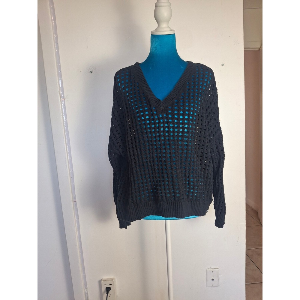 DKNY Jeans Black Cotton Open Knit V-Neck Sweater Large Slouchy Crochet Mesh Top